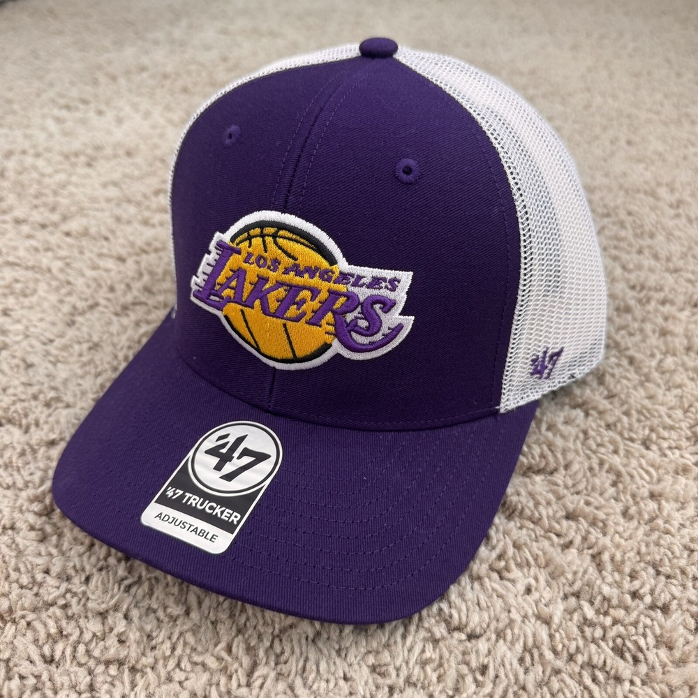 Los Angeles Lakers Hat 47 Brand Trucker Snapback 3D Patch Purple White Mesh Cap